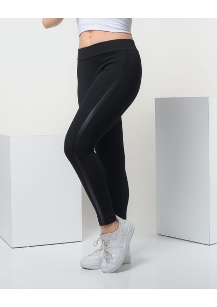 Kadın Siyah Deri Detaylı Büyük Beden Tayt modelleri