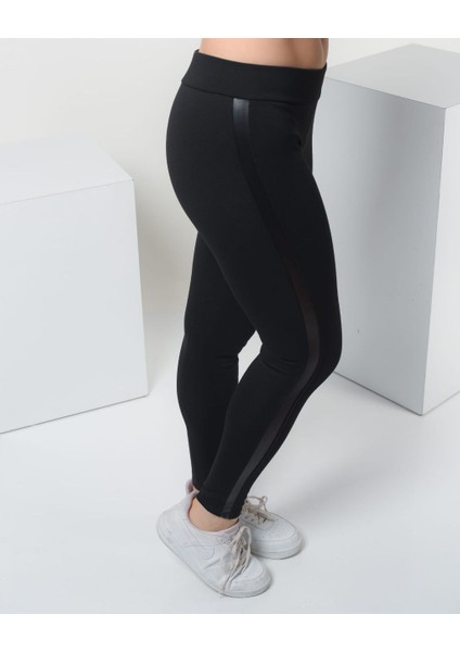 Kadın Siyah Deri Detaylı Büyük Beden Tayt fırsatları