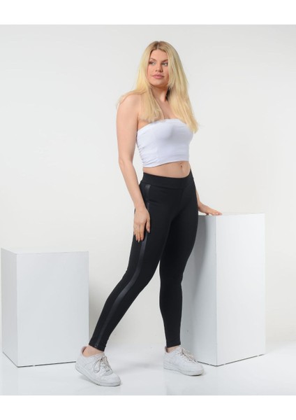 Kadın Siyah Deri Detaylı Büyük Beden Tayt indirimleri