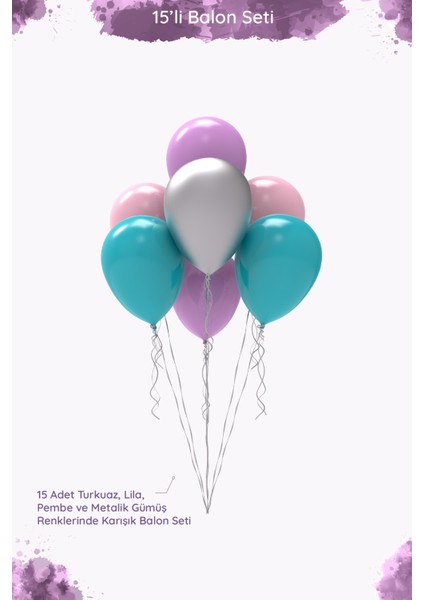 Deniz Kızı Temalı - Turkuaz, Lila, Pembe ve Metalik Gümüş Renklerinde Karışık Balon Seti - 15 Adet