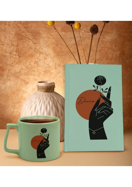 Kişiye Özel Isimli Yeşil Sert Kapaklı Defter Ve Middle Kupa Seti, Arkadaşa Hediye, Yeni Iş Hediyesi, Doğum Günü Hediyesi-3