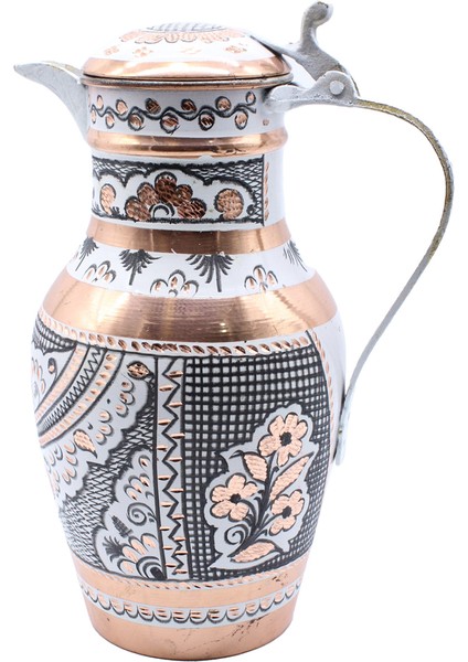 Erzincan El Işlemeli Kapaklı Otantik Bakır Sürahi Beyaz Renk 24cm
