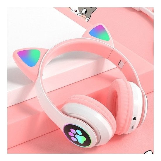 teknosepetim Kedili Pembe Beyaz Işıklı Patili Cat Bluetooth Kulaklık Renkli Katlanır Şarj Kablolu Kulaküstü