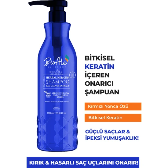 BioAle ,Onarıcı ve Elektriklenme Karşıtı Şampuan Bitkisel Keratin + Kırmızı Yonca Özü 1000 ml