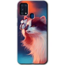 Bera Aksesuar Samsung Galaxy M31 Kılıf Baskılı Kapak - Cat Butterfly +Tam Ekran Koruyucu