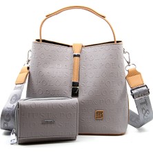 Just Polo Gri Kilit Detaylı Kadın Cüzdan ve Omuz Çanta Kombini PBU4002-1004