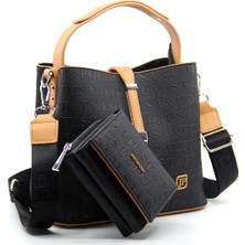 Just Polo Siyah Taba Kilit Detaylı Kadın Cüzdan ve Omuz Çanta Kombini PBU4002-1004