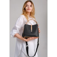 Just Polo Siyah Taba Kilit Detaylı Kadın Cüzdan ve Omuz Çanta Kombini PBU4002-1004