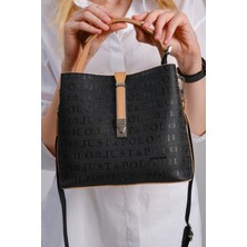 Just Polo Siyah Taba Kilit Detaylı Kadın Cüzdan ve Omuz Çanta Kombini PBU4002-1004