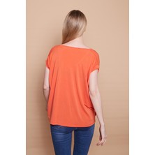 Jument Likralı Krep Kumaş V Yaka Salaş Yanı Yırtmaçlı Oversize Bluz-Oranj10