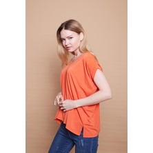 Jument Likralı Krep Kumaş V Yaka Salaş Yanı Yırtmaçlı Oversize Bluz-Oranj10