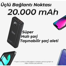 Bix PB201 Üç Portlu 20000MAH 22.5W Süper Hızlı Şarj 4.0 Pd Giriş/çıkışlı LED Göstergeli Powerbank Siyah