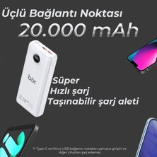 Bix PB201 Üç Portlu 20000MAH 22.5W Süper Hızlı Şarj 4.0 Pd Giriş/çıkışlı LED Göstergeli Powerbank Beyaz