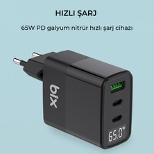 Bix BX65GD 65W USB Type-C QC 4.0 PD 3.0 LED Göstergeli Gan 3 Portlu Hızlı Şarj Cihazı