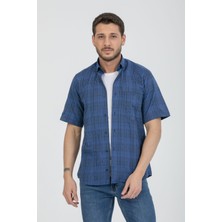 Varetta Mavi Erkek Kısa Kollu Çizgili Yaka Düğmeli Cepli Gömlek