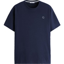 QMARI Lacivert Oversize Tişört Erkek Basic Bisiklet Yaka | Düz Pamuklu Tshirt | Beyaz Nakişli Q Logo TRF6001