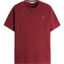 Qmari Bordo Oversize Tişört Erkek Basic Bisiklet Yaka | Düz Pamuklu Tshirt | Beyaz Nakişli Q Logo TRF6001