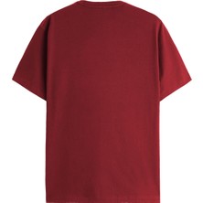 Qmari Bordo Oversize Tişört Erkek Basic Bisiklet Yaka | Düz Pamuklu Tshirt | Beyaz Nakişli Q Logo TRF6001