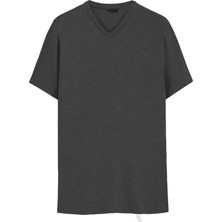 Qmari V-Yaka Siyah Basic Tişört Regular Fit Erkek Tshirt - Pamuklu Düz Melanj-Nakişli Q Logo TBR5004