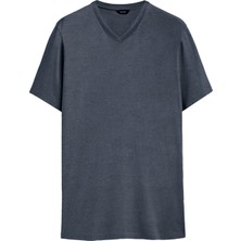 Qmari Lacivert V-Yaka Basic Tişört Regular Fit Erkek Tshirt - Pamuklu Düz Melanj - Nakişli Q Logo