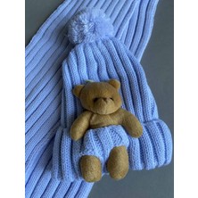 Ni Aksesuar Ayıcıklı Açık (Bebe) Mavi Bebek Atkı ve Bere Takımı