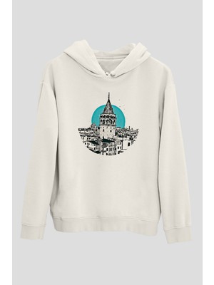 Tişört Fabrikası Galata Kulesi Baskılı Beyaz Hoodie