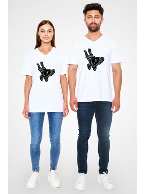 Tişört Fabrikası Boğa Burcu Baskılı Beyaz Unisex V Yaka Tişört - Tshirt