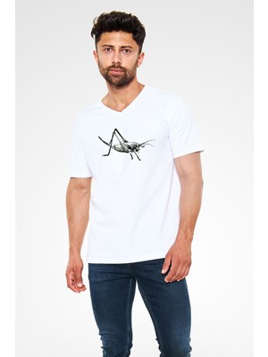 Tişört Fabrikası Çekirge Baskılı Beyaz Unisex V Yaka Tişört - Tshirt