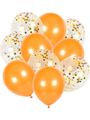 Kidspartim 10 Lu Gold Konfetili Turuncu Balon Seti