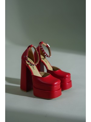 Ayakkabı Ateşi Kırmızı Cilt Çift Platform Tasarım Kadın Ayakkabı Figoc