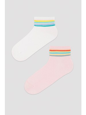 Penti Beyaz- Pembe Çizgi Detaylı 2li Soket Çorap
