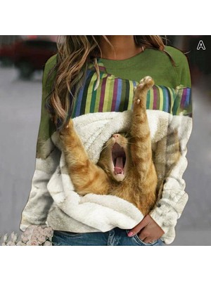 Danxin Store Fare ve Kedi Baskılı Uzun Kollu Gevşek Sweatshirt (Yurt Dışından)