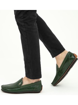 Tamer Tanca Yeşil Erkek Deri Drıver Ayakkabı Düz Tabanlı Yumuşak Malzeme ile Şık ve Rahat