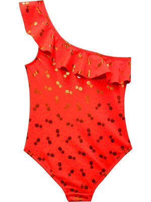Neon Turuncu Varak Baskılı Kız Çocuk Mayo Db200619cm