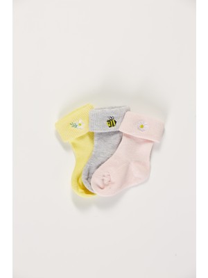 Forwena Baby Socks 3'lü Paket Bebek Renkli Pamuklu Nakışlı Dikişsiz Kıvırmalı Soket Çorap