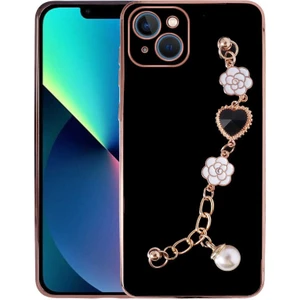 M.TK Moveteck Apple iPhone 14 Plus Kılıf Kamera Korumalı Parlak Gold Renkli Kristal Taşlı Arkası Zincirli