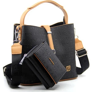 Just Polo Siyah Taba Kilit Detaylı Kadın Cüzdan ve Omuz Çanta Kombini PBU4002-1004