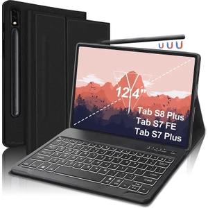 MTK Moveteck Samsung Galaxy Tab S7 Fe / S7 Plus / S8 Plus 12.4" X800 T730 T970 Uyumlu Kalvyeli Tablet Kılıfı Keyboard Bluetooth Ayrılabilir Standlı Klavye Kalem Bölmeli Smart Folio Siyah Black
