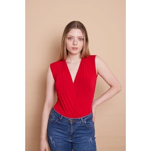 Krep Kumaş Anvelop Kruvaze Kolu Büzgülü Kısa Kol Zıbınlı Likralı Bodysuit Bluz -Kırmızı10