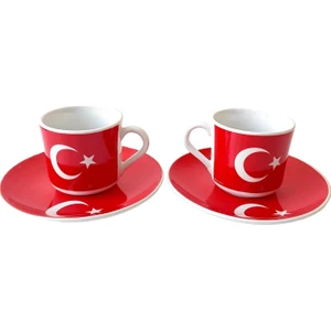 Kapadokya Hediyelik Bayrak Temalı Porselen Ikili Kahve Takımı