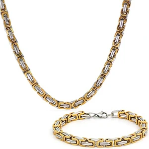 Trend Collection Erkek Gold-Gümüş Çelik 6 mm Kral Model Kolye Bileklik Set