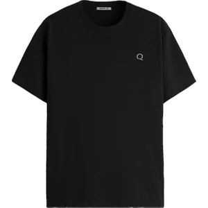 QMARI Siyah Oversize Tişört Erkek Basic Bisiklet Yaka | Düz Pamuklu Tshirt | Beyaz Nakişli Q Logo TRF6001
