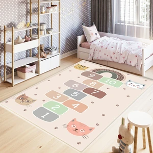 Marka Halı Dijital Baskılı Kaymaz Taban Yikanabilir Kedili Seksek Desenli Çoçuk Halısı