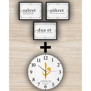 Aksesuar Elif Vav Set Dekoratif Ahşap Duvar SAATI(33X33) + 3'lü TABLO(13X17)