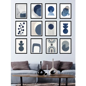 Oturma Odası Soyut Mavi Gri Dekorize Mdf Tablo Seti 12 Parça 3 mm (Çerçeve Görünümlü)