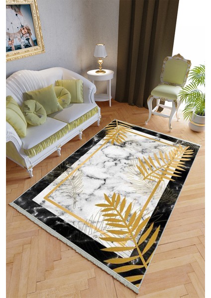 Klasik Salon Halısı Gold - Siyah Yolluk Kaymaz Yuvarlak Oval Kesme Ince Yıkanabilir Halı