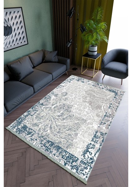 Salon Halısı Modern Lacivert Gri Yolluk Kaymaz Yuvarlak Oval Kesme Ince Yıkanabilir Halı
