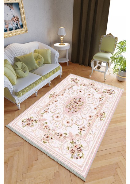 Klasik Salon Halısı Pembe Yolluk Kaymaz Yuvarlak Oval Kesme Ince Yıkanabilir Halı