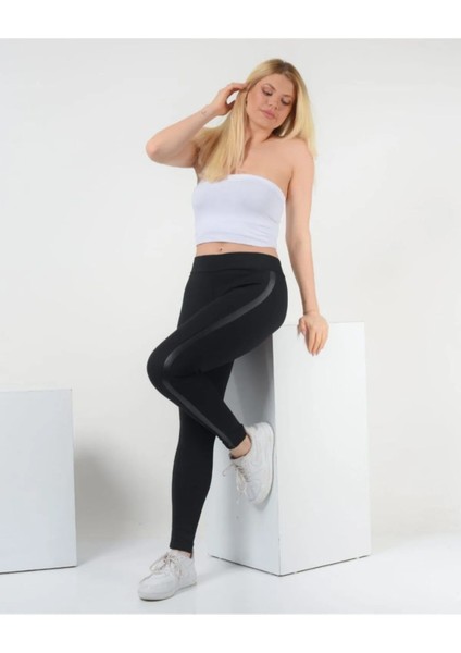 Kadın Siyah Deri Detaylı Büyük Beden Tayt