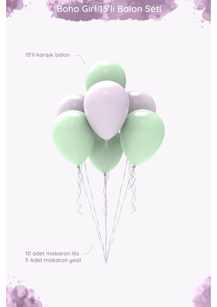 Boho Girl Makaron Lila Makaron Yeşil Balon Seti - 15 Adet